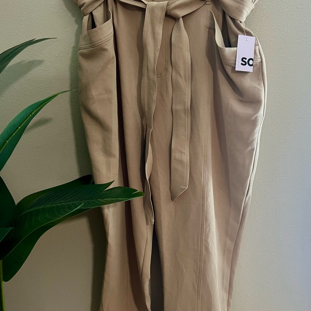 Tan High-Waisted Trousers with Tie Belt